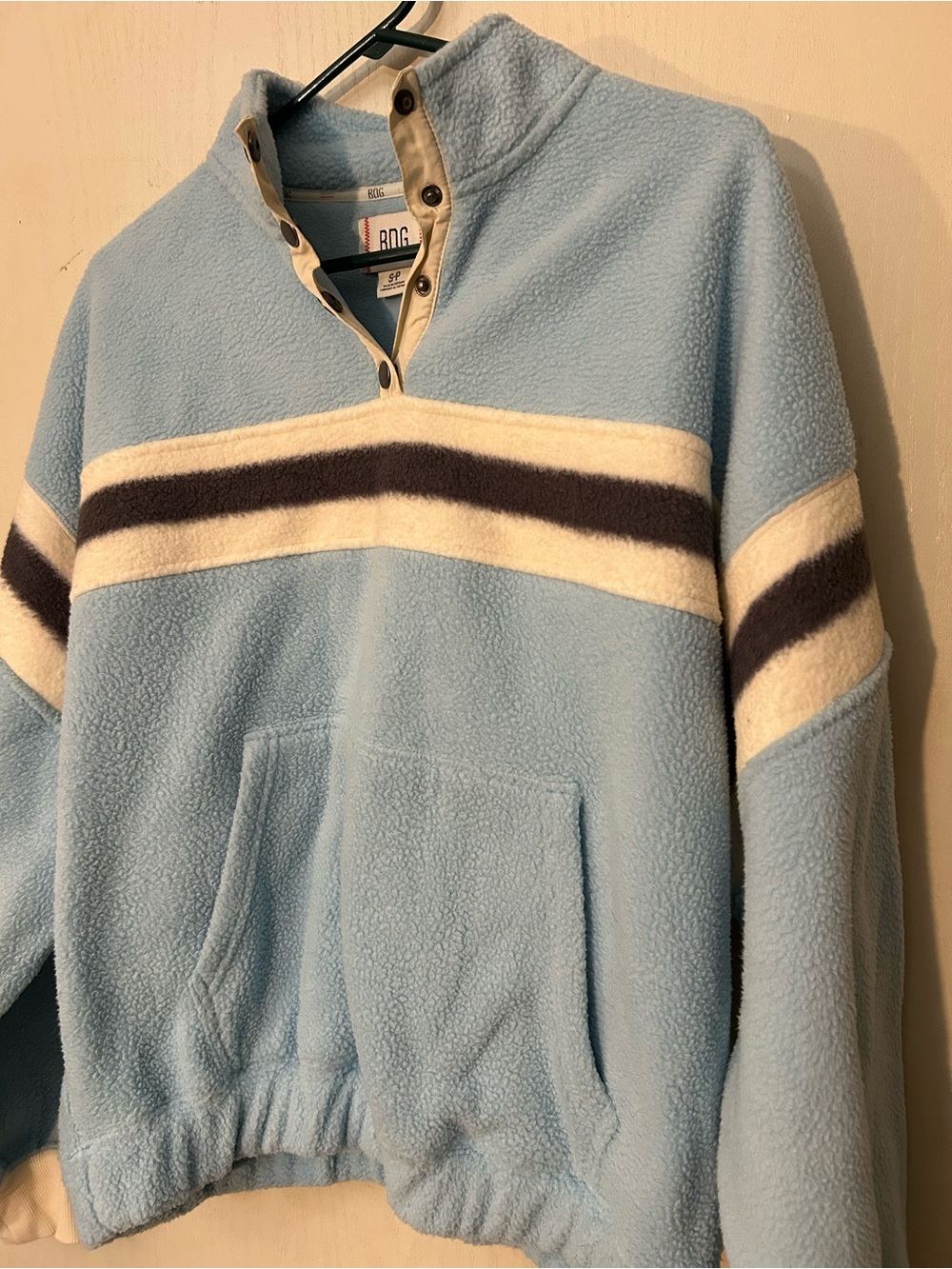 BDG Light Blue Fleece Zip-Up Pullover with Cream and Dark Gray Stripes